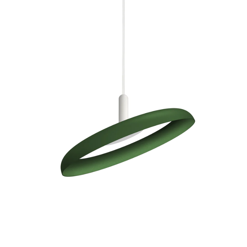 The 15" (small) Nivél Pendant from Pablo Designs with the white cord and forest shade.