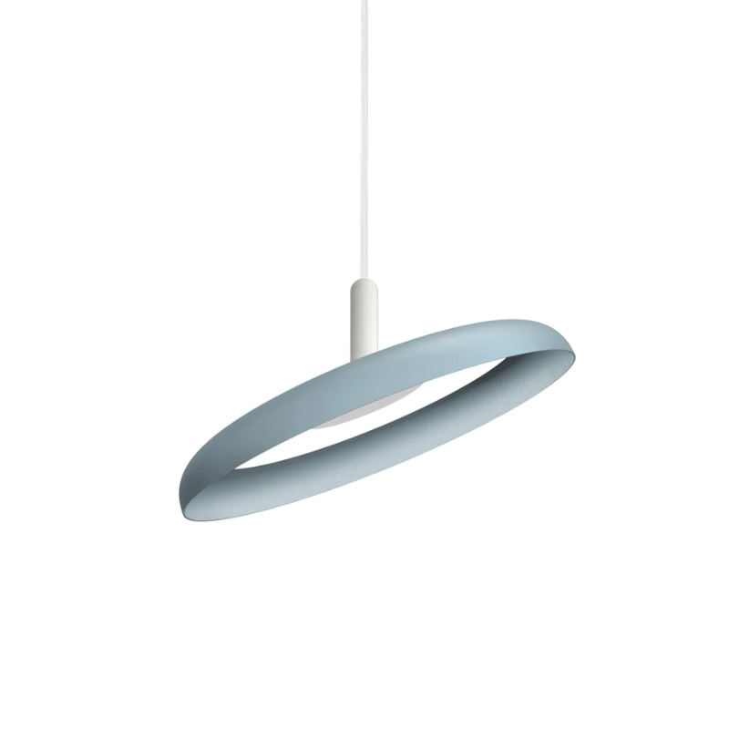 The 15" (small) Nivél Pendant from Pablo Designs with the white cord and slate blue shade.