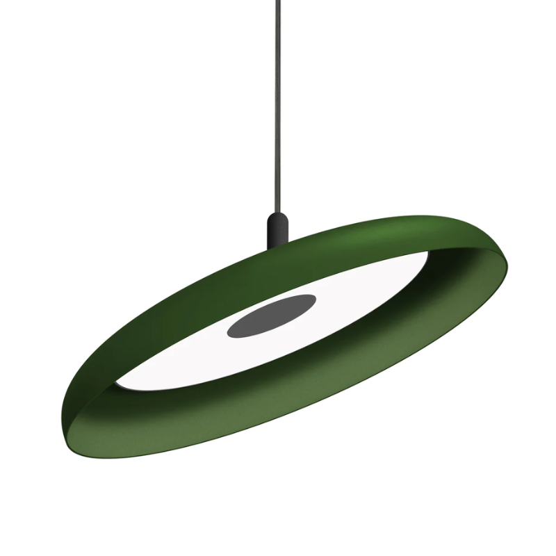 The 22" (large) Nivél Pendant from Pablo Designs with the black cord and forest shade.