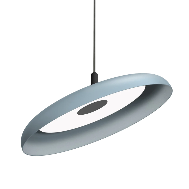 The 22" (large) Nivél Pendant from Pablo Designs with the black cord and slate blue shade.