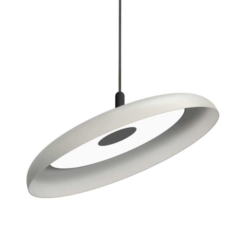 The 22" (large) Nivél Pendant from Pablo Designs with the black cord and white shade.