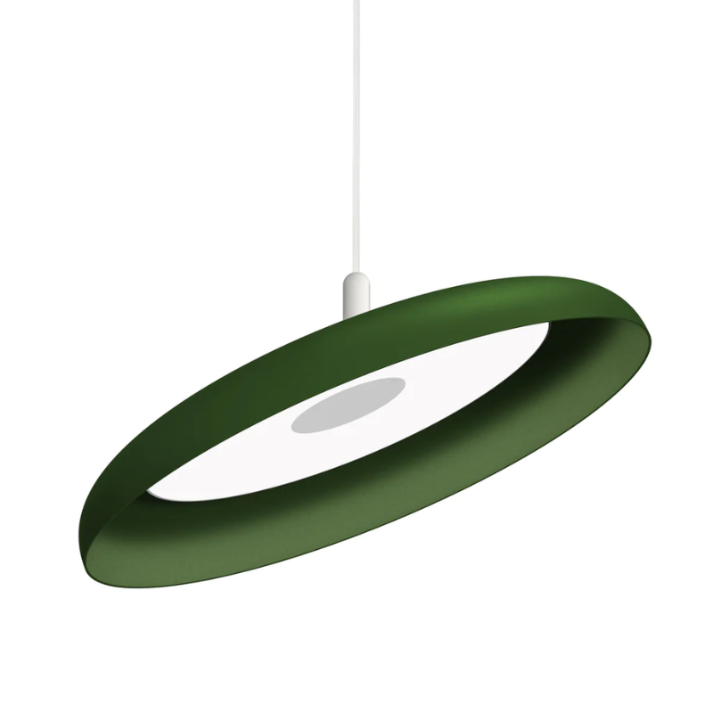 The 22" (large) Nivél Pendant from Pablo Designs with the white cord and forest shade.