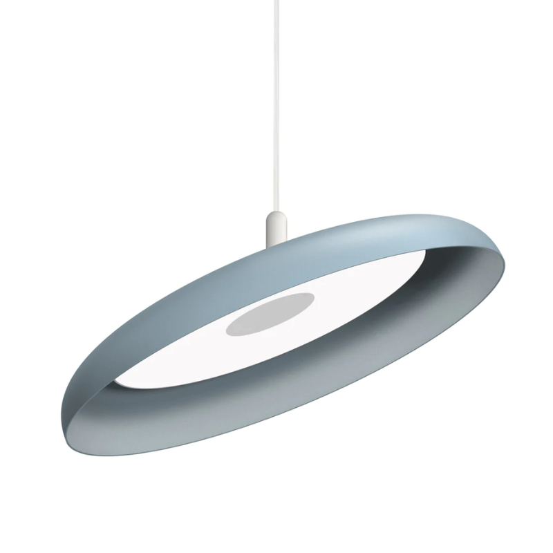 The 22" (large) Nivél Pendant from Pablo Designs with the white cord and slate blue shade.