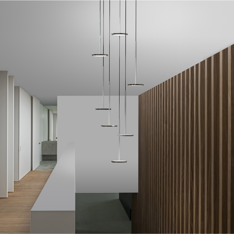 The Sky Collection was inspired as a modular pendant lighting system and Sky Solo is its core foundational element. Its minimal all-aluminum design highlights a powerful two-sided flat panel light source with Dim to Warm LED technology that can deliver up to 1250 lumens of warm ambient light in all directions.