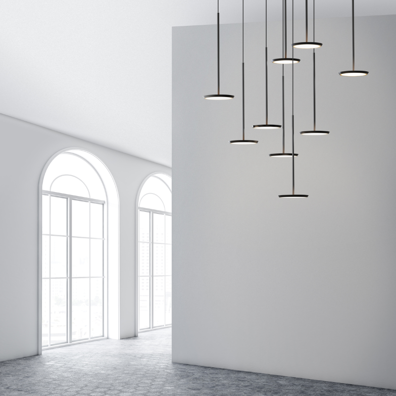 The Sky Collection was inspired as a modular pendant lighting system and Sky Solo is its core foundational element. Its minimal all-aluminum design highlights a powerful two-sided flat panel light source with Dim to Warm LED technology that can deliver up to 1250 lumens of warm ambient light in all directions.