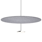 The 32 inch Sky Sound from Pablo Designs with the polished aluminum lamp finish and stone grey felt dome.