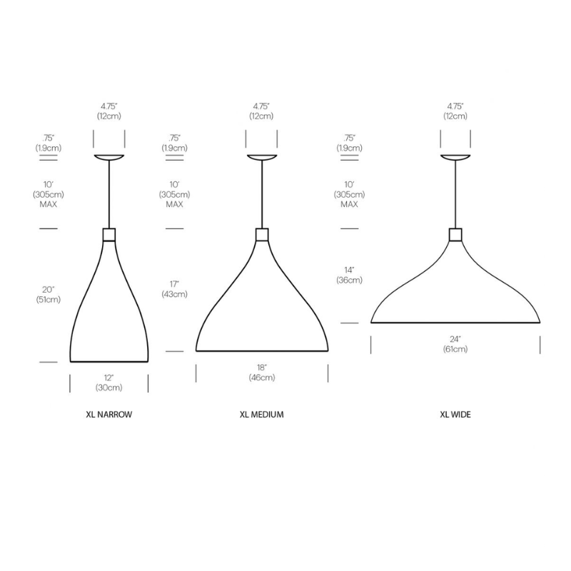 The dimensions of the narrow, medium and wide Swell XL Single from Pablo Designs.