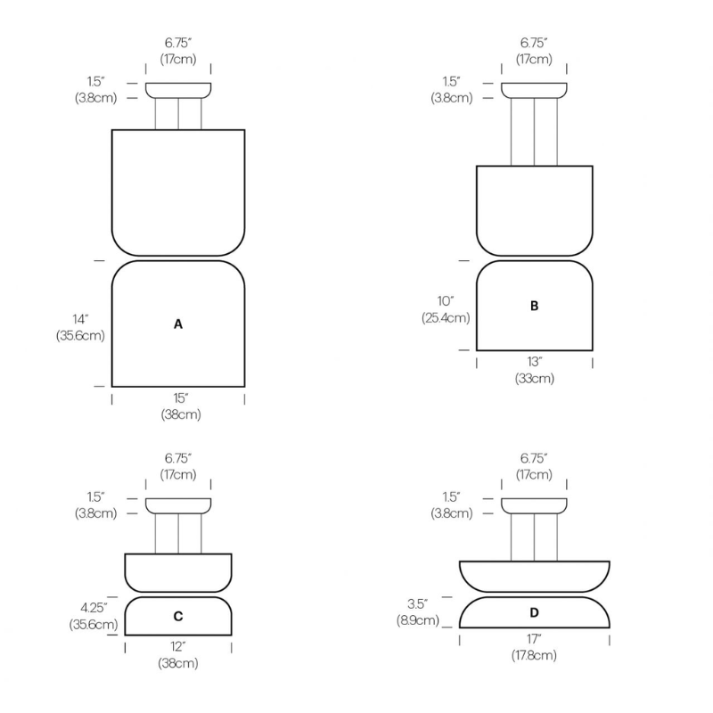 The dimensions of each part of the Totem Up/Down Light from Pablo Designs.