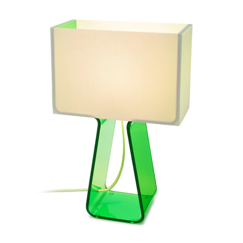 The 14 inch Tube Top Table from Pablo Designs with the white shade and green body.
