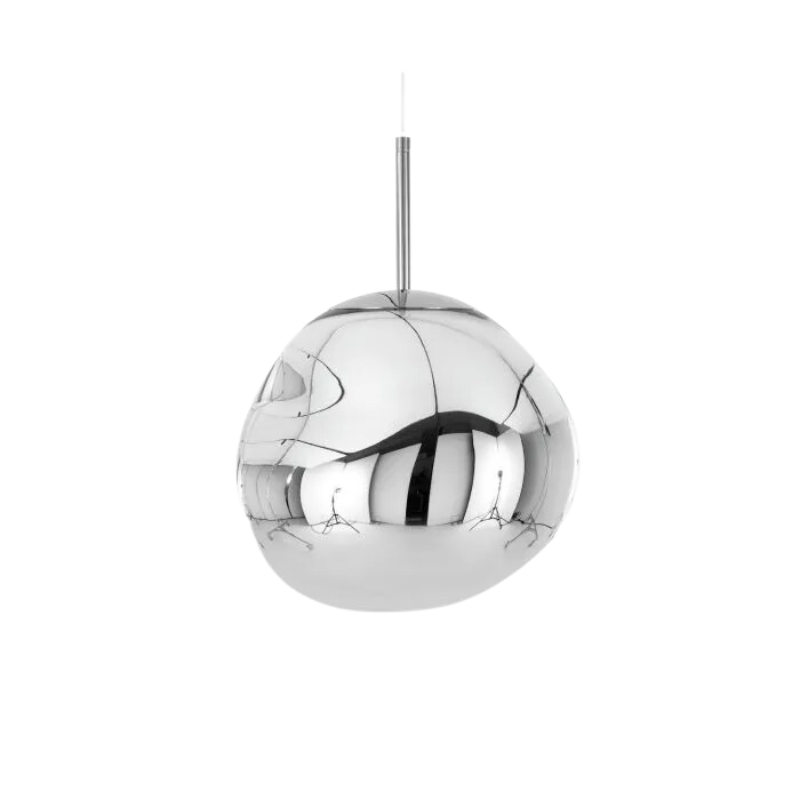 Tom Dixon's Melt LED Mini Pendant is a beautifully distorted pendant in collection of modern finishes with matching ceiling rose. Featuring an integrated LED module, this ceiling light creates a mesmerizing melting hot-blown glass effect when turned on, and a mirror-finish effect when off. This piece is made in Germany using a high tech manufacturing techniques to achieve the perfect melted orb for your design.