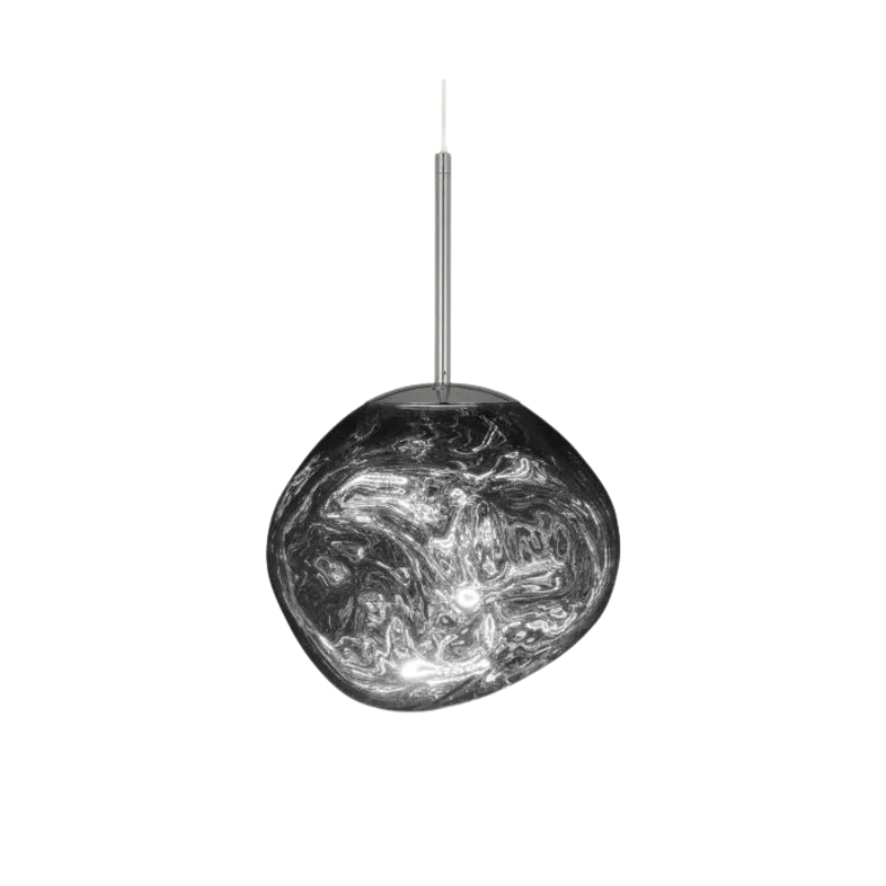 Tom Dixon's Melt LED Mini Pendant is a beautifully distorted pendant in collection of modern finishes with matching ceiling rose. Featuring an integrated LED module, this ceiling light creates a mesmerizing melting hot-blown glass effect when turned on, and a mirror-finish effect when off. This piece is made in Germany using a high tech manufacturing techniques to achieve the perfect melted orb for your design.