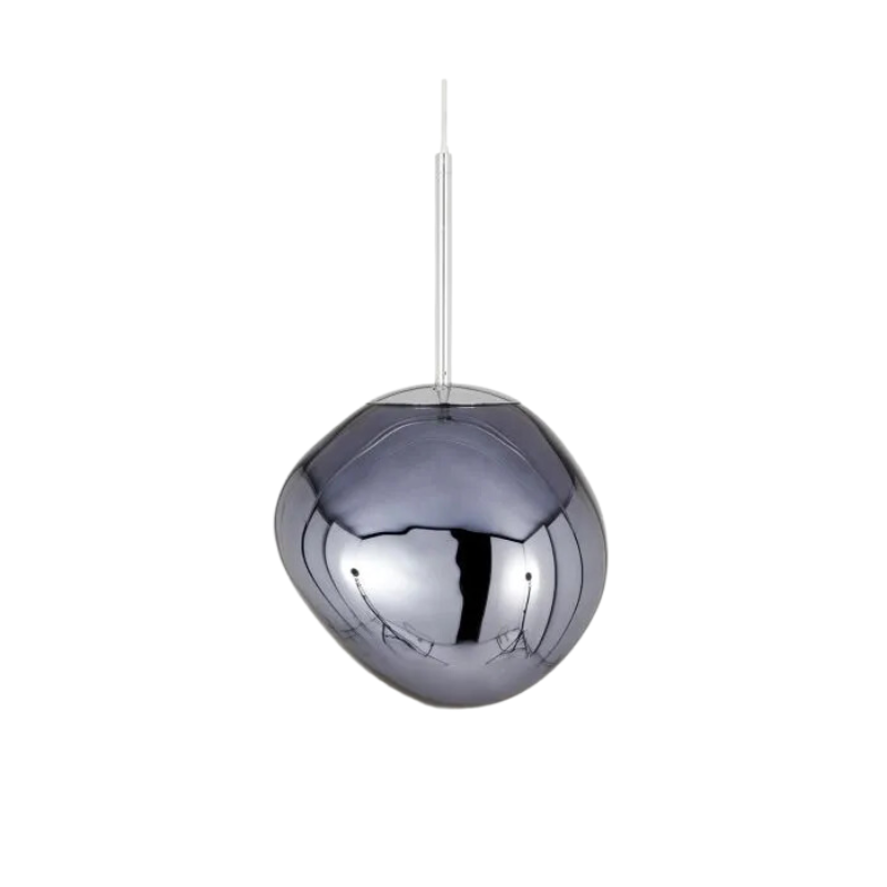 Tom Dixon's Melt LED Mini Pendant is a beautifully distorted pendant in collection of modern finishes with matching ceiling rose. Featuring an integrated LED module, this ceiling light creates a mesmerizing melting hot-blown glass effect when turned on, and a mirror-finish effect when off. This piece is made in Germany using a high tech manufacturing techniques to achieve the perfect melted orb for your design.