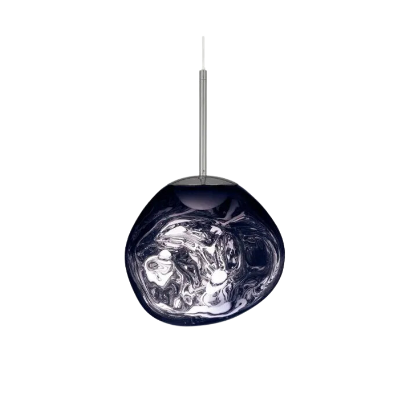 Tom Dixon's Melt LED Mini Pendant is a beautifully distorted pendant in collection of modern finishes with matching ceiling rose. Featuring an integrated LED module, this ceiling light creates a mesmerizing melting hot-blown glass effect when turned on, and a mirror-finish effect when off. This piece is made in Germany using a high tech manufacturing techniques to achieve the perfect melted orb for your design.