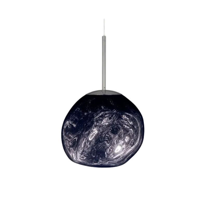 Tom Dixon's Melt LED Mini Pendant is a beautifully distorted pendant in collection of modern finishes with matching ceiling rose. Featuring an integrated LED module, this ceiling light creates a mesmerizing melting hot-blown glass effect when turned on, and a mirror-finish effect when off. This piece is made in Germany using a high tech manufacturing techniques to achieve the perfect melted orb for your design.