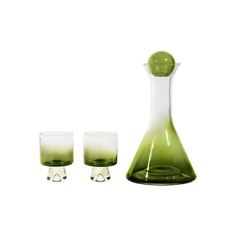 The Tank Wine Gift Set from Tom Dixon featuring two low-ball glasses and a decanter.