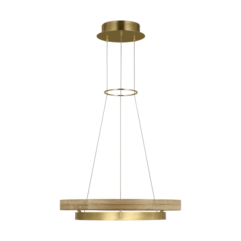 The Grace Chandelier from Visual Comfort and Co. with the Hand Rubbed Antique Brass and Natural Oak finish in 24 inch size.
