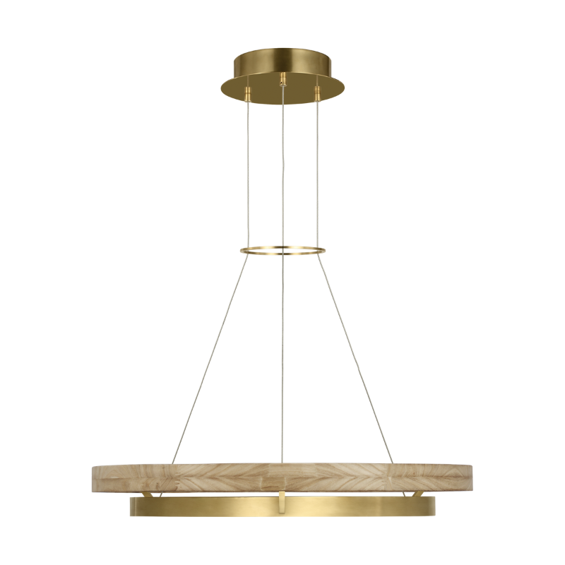 The Grace Chandelier from Visual Comfort and Co. with the Hand Rubbed Antique Brass and Natural Oak finish in 30 inch size.