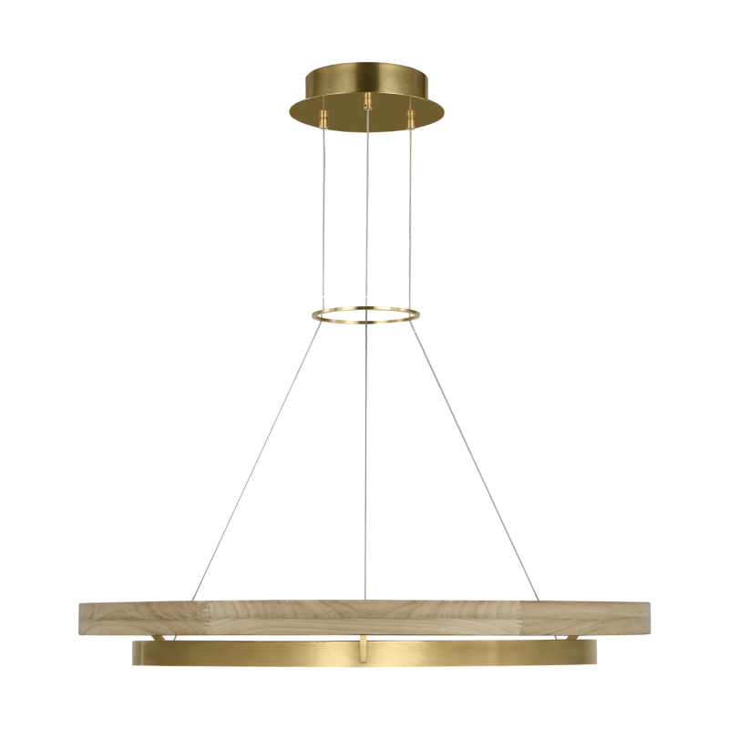 The Grace Chandelier from Visual Comfort and Co. with the Hand Rubbed Antique Brass and Natural Oak finish in 36 inch size.