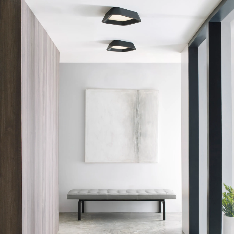 The Rhonan Flush Mount from Visual Comfort and Co in a hallway.