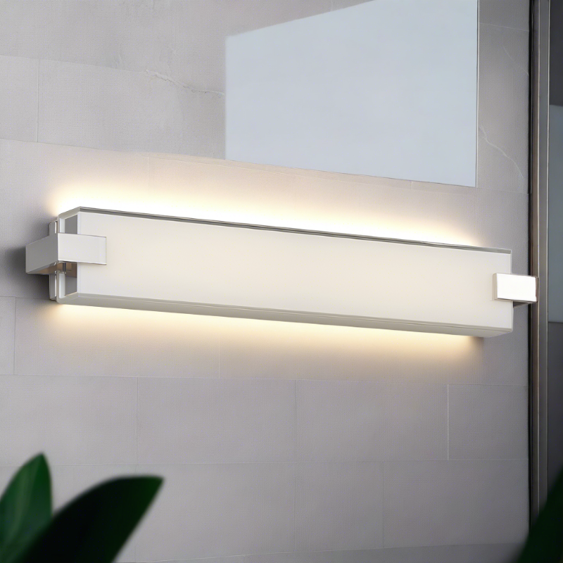 The Bliss Bathroom Sconce from WAC Lighting wall mounted in a bathroom.