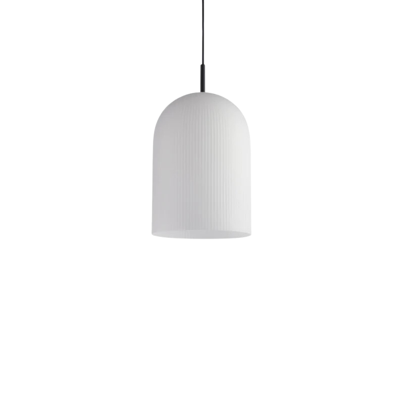 With its sculptural and minimalistic refined silhouette, the Ghost pendant has a modern purity. Made of translucent opal glass, the shade gives an illusion of a white cloth thrown over the light source. Resembling the appearance of a friendly ghost in the air. A figure that is enhanced by the subtle vertical groove pattern fading out gradually upwards. Casting a soft, diffused light, the Ghost pendant will fill the room with a cozy vibe.