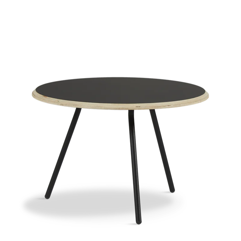 The Soround Coffee Table from Woud with the small diameter table top and low height in black.