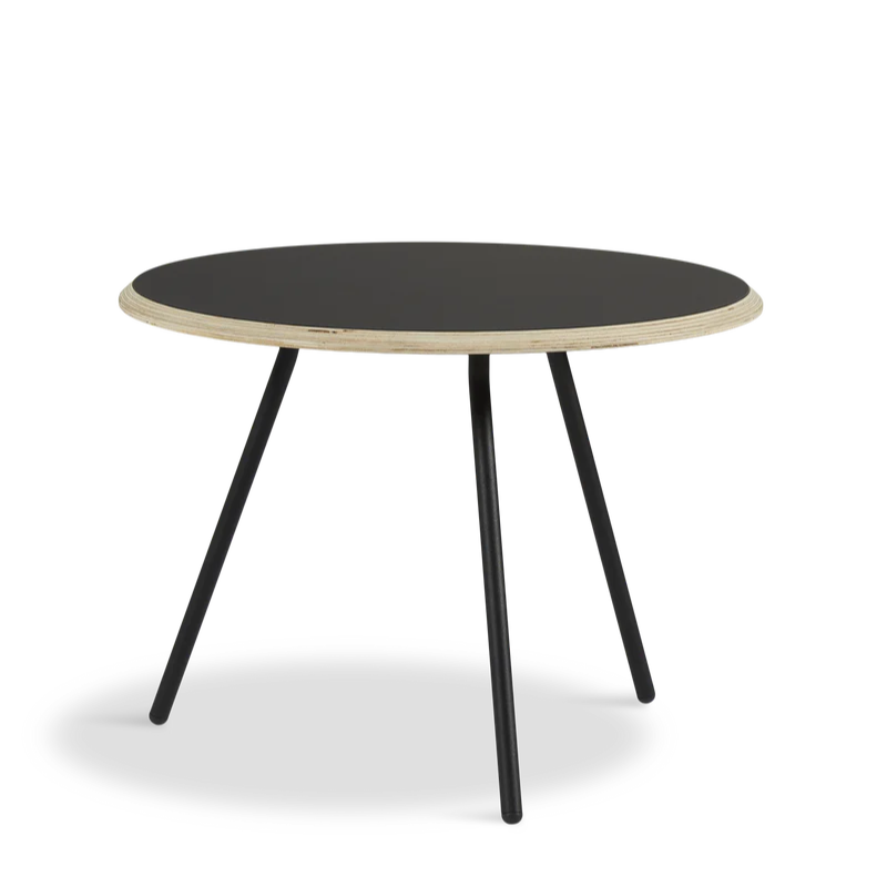 The Soround Coffee Table from Woud with the small diameter table top and medium height in black.