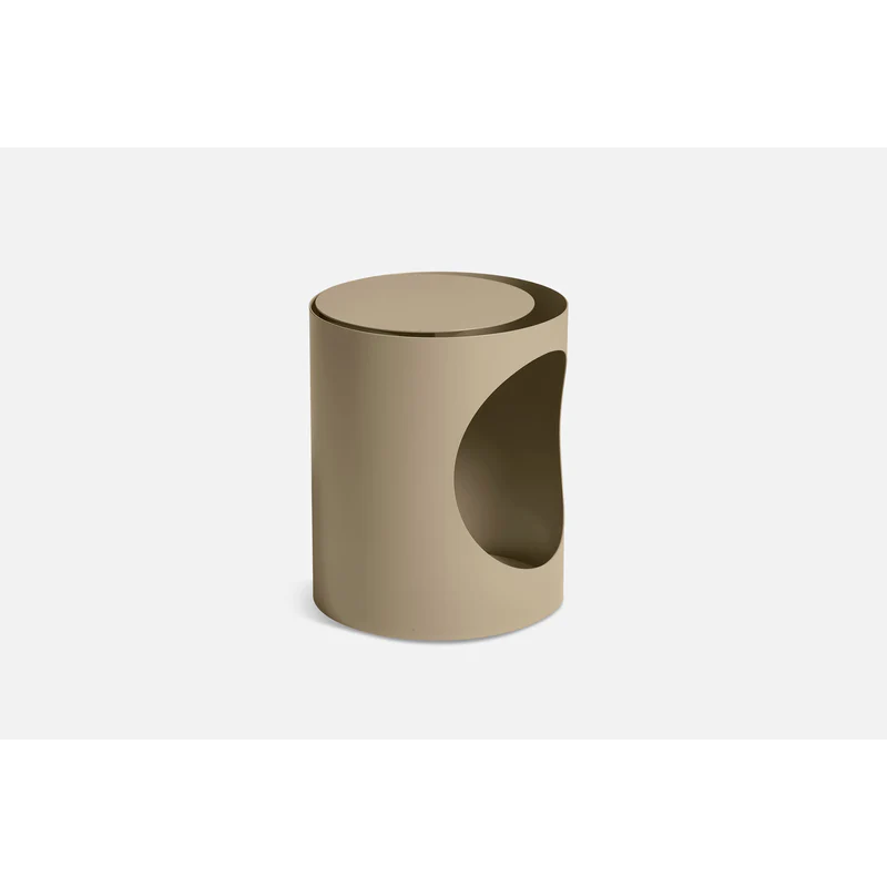 The TABL Side Table from Woud in grey beige from a side angle.