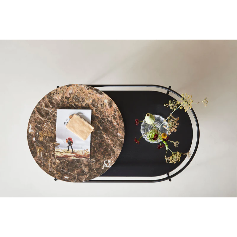 The Verde Coffee Table from Woud with the Brown Marble tabletop from a high angle.