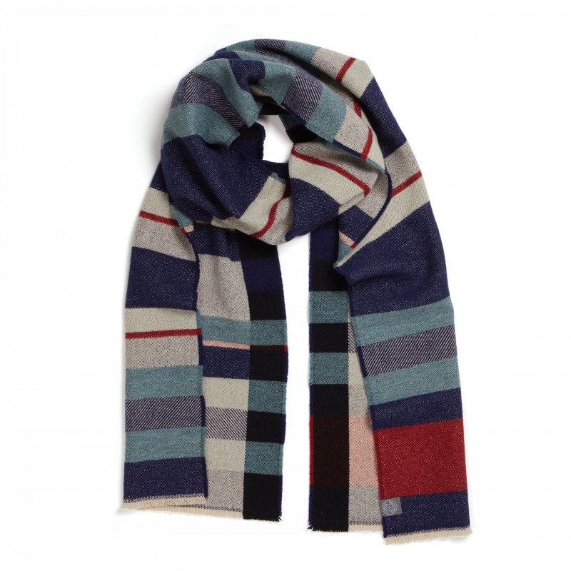 The 100% lambswool Stölzl Wrap from Wallace & Sewell in the indigo pattern.