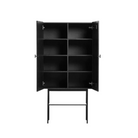 The Array Highboard from Woud in black, with its doors opened up revealing the shelves and interior storage space.
