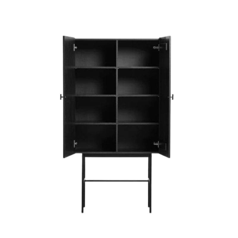 The Array Highboard from Woud in black, with its doors opened up revealing the shelves and interior storage space.