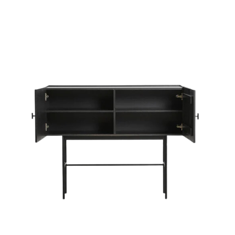The small Array Sideboard from Woud in black with the doors opened up.