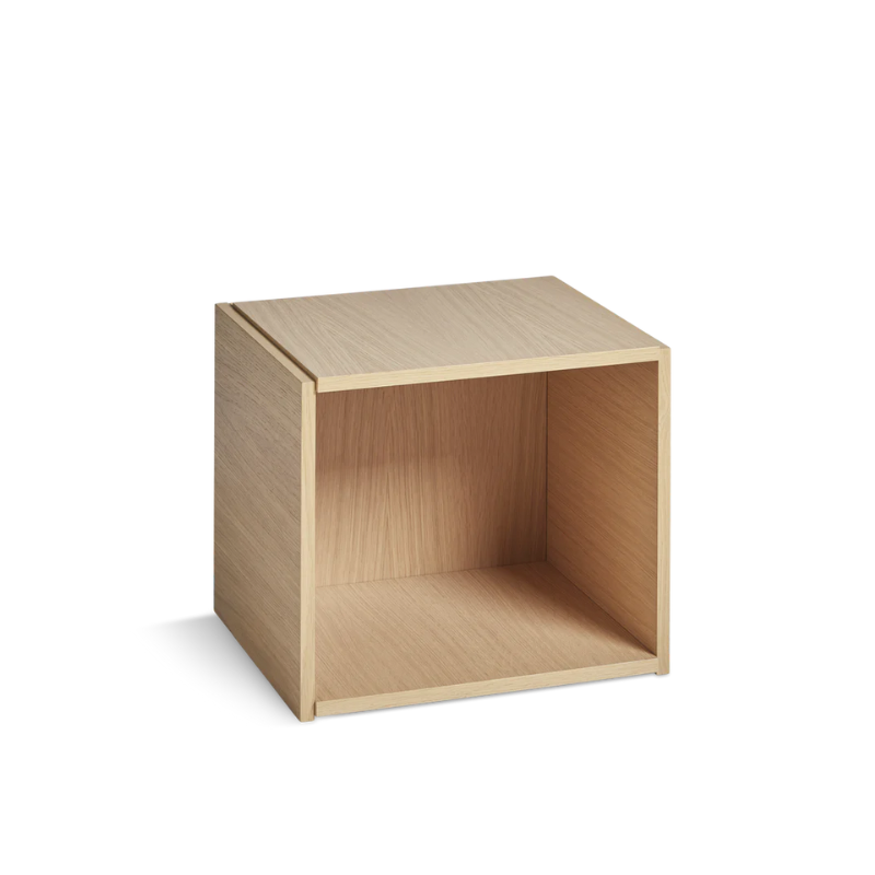 The Bricks Cube from Woud in white pigmented oak with the open box option.