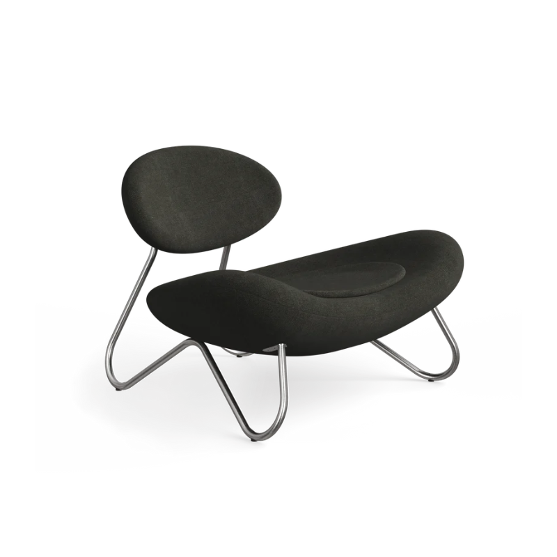 The Meadow Lounge Chair from Woud with dark brown fabric and brushed steel legs.