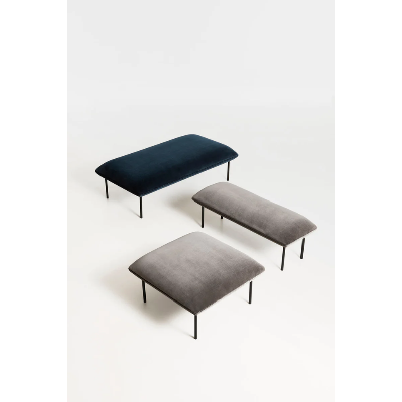The Nakki Long Ottoman from Woud with the standard fabric and a custom fabric option.