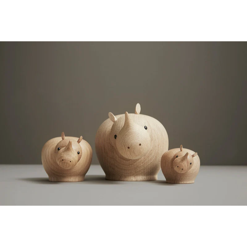 The Rina Rhinoceros from Woud, made out of solid oak in all three sizes, mini, small and medium.