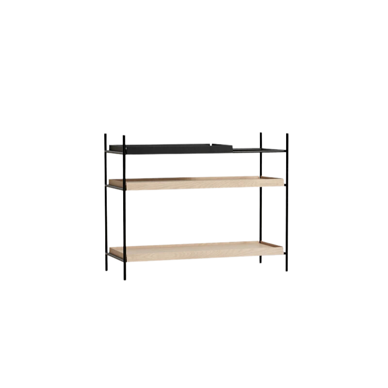 The Tray Shelf (low) from Woud in oak with a mix of oak and black shelves.