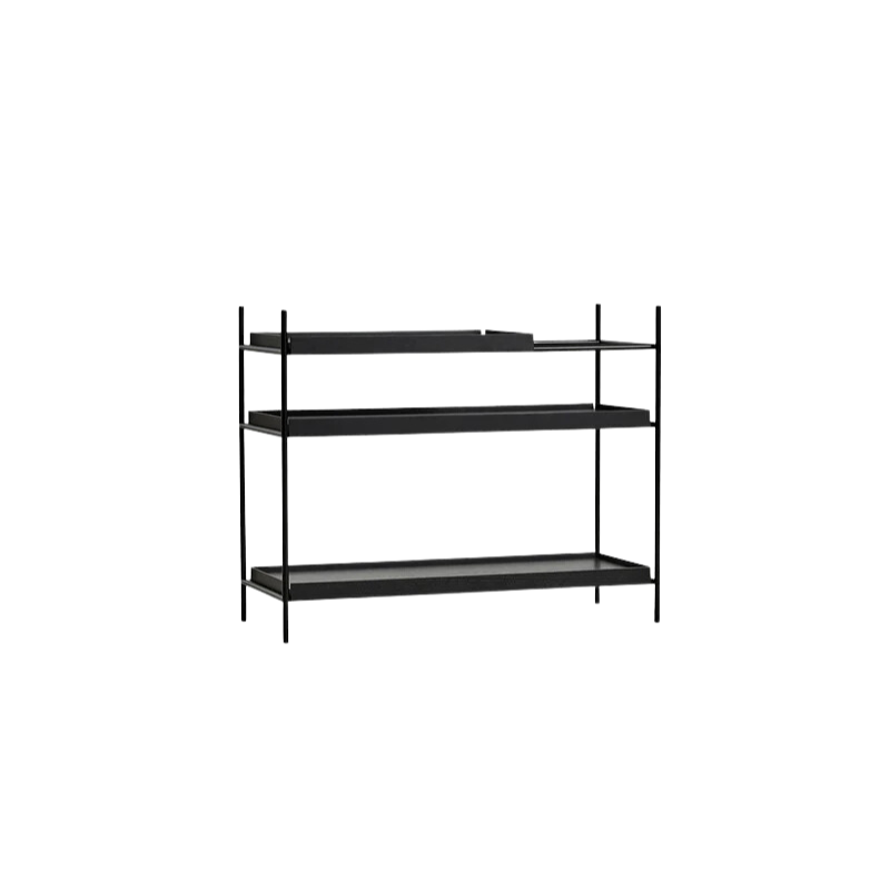 The Tray Shelf (low) from Woud in oak with all black shelves.