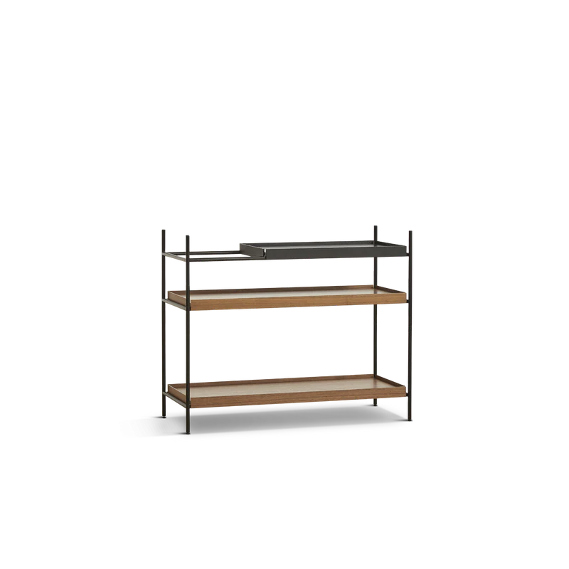 The Tray Shelf (low) from Woud in walnut with a mix of black and walnut shelves.