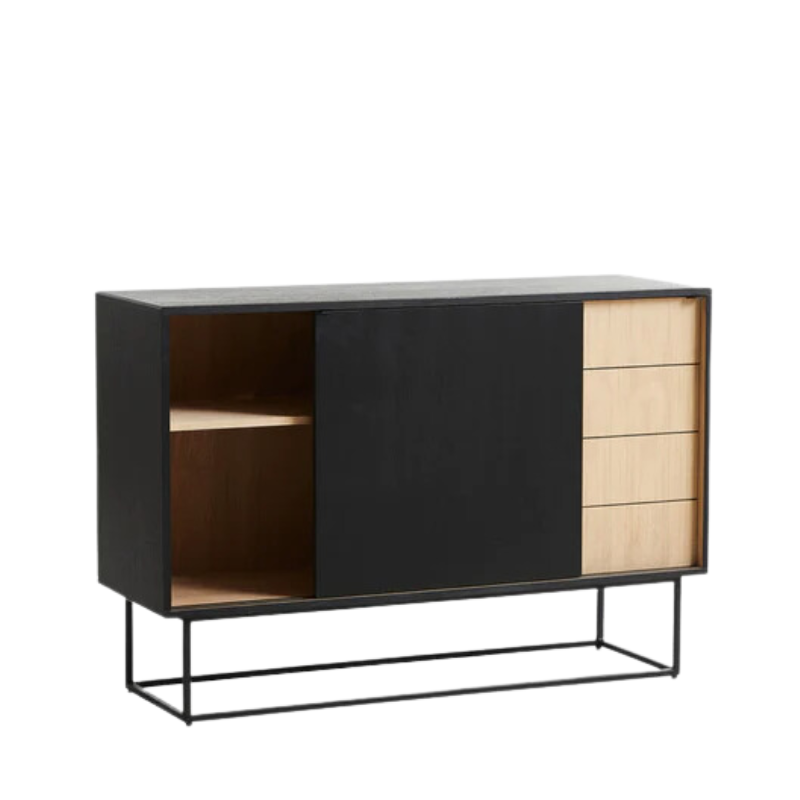 The Virka Sideboard (high) from Woud in black and oak with the sliding door opened.
