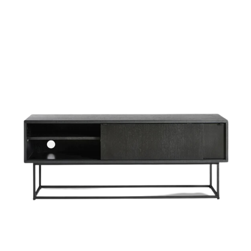 The Virka Sideboard (low) from Woud in black with the sliding door open.