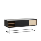 The Virka Sideboard (low) from Woud in black and oak with the sliding door open.