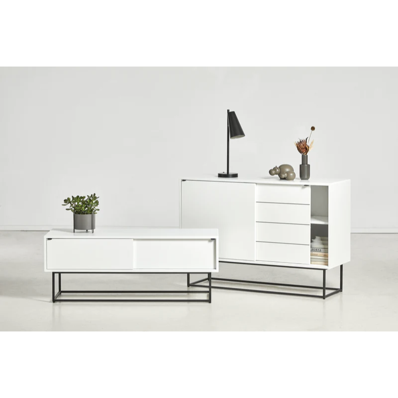 The Virka Sideboard from Woud in white with both the low and high options shown.