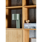 The solid oak Nunu Elephant from Woud hiding on top of some books on a bookshelf in a living room.