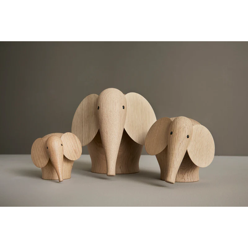 The solid oak Nunu Elephant from Woud sizes.