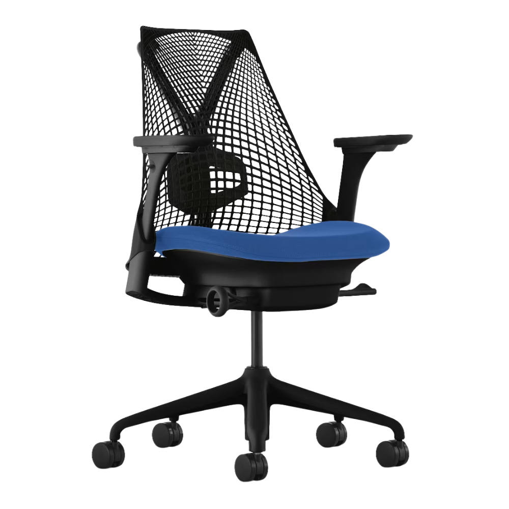 The Sayl Chair from Herman Miller in black and Berry Blue Rhythm seat with adjustable arms, seat and lumbar support.