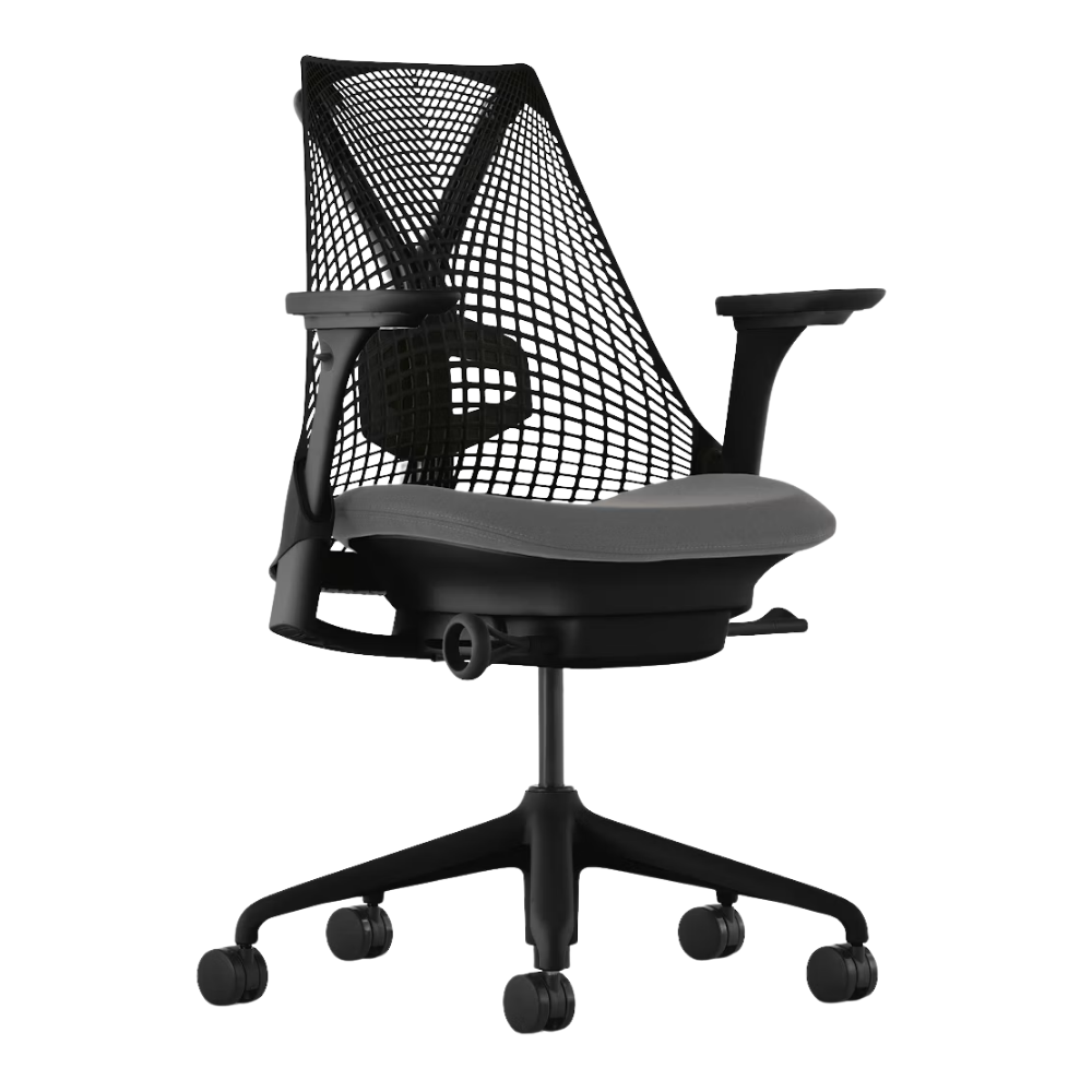 The Sayl Chair from Herman Miller in black and charcoal Rhythm seat with adjustable arms, seat and lumbar support.