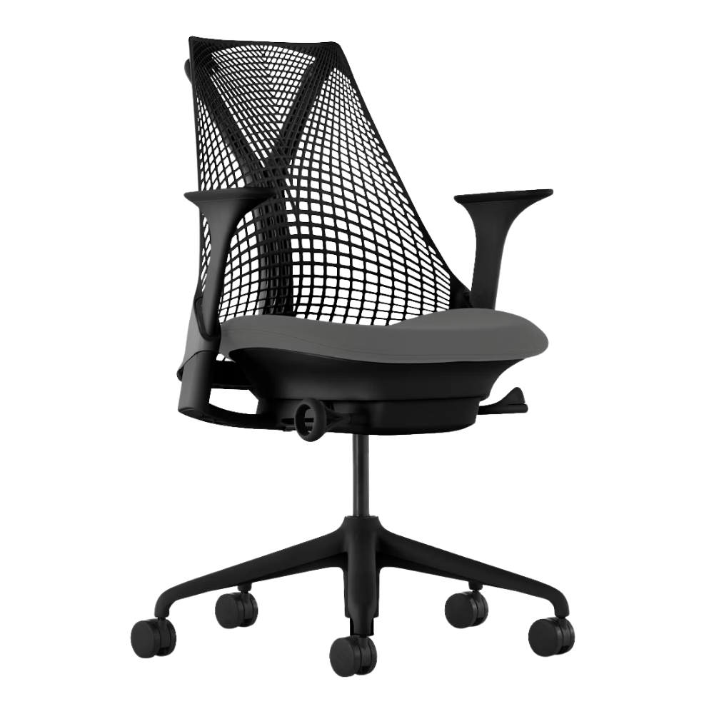 The Sayl Chair from Herman Miller in Black and Charcoal Seat with fixed arms, seat, and no lumbar support.