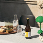 &Tradition VP9 Flowerpot Portable Table Lamp in in signal green being used outside.